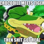 Vector the crocodile | CROCODILE MEETS TIGER; THEN SHIT GOT REAL | image tagged in vector the crocodile | made w/ Imgflip meme maker