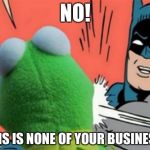 Batman slapping kermit | NO! THIS IS NONE OF YOUR BUSINESS! | image tagged in batman slapping kermit | made w/ Imgflip meme maker