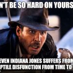 Indiana Jones Snakes | DON'T BE SO HARD ON YOURSELF; EVEN INDIANA JONES SUFFERS FROM A REPTILE DISFUNCTION FROM TIME TO TIME | image tagged in indiana jones snakes | made w/ Imgflip meme maker