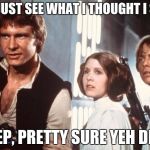 Han, Liea and Luke | DID I JUST SEE WHAT I THOUGHT I SAW? YEP, PRETTY SURE YEH DID | image tagged in han liea and luke | made w/ Imgflip meme maker