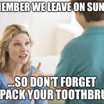 Don't Forget Your Passport | REMEMBER WE LEAVE ON SUNDAY; ...SO DON'T FORGET TO PACK YOUR TOOTHBRUSH | image tagged in don't forget your passport | made w/ Imgflip meme maker