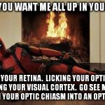 deadpool | YOU KNOW YOU WANT ME ALL UP IN YOUR EYE HOLES; TEASING YOUR RETINA.  LICKING YOUR OPTIC NERVE.   STROKING YOUR VISUAL CORTEX.  GO SEE MY MOVIE.  I'LL TURN YOUR OPTIC CHIASM INTO AN OPTIC -GASM | image tagged in deadpool | made w/ Imgflip meme maker
