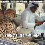 Meanwhile, in Dubai | I REALLY LIKE THAT WAITRESS WITH ONE LEG; YOU MEAN ILENE FROM IHOP? | image tagged in cats,waitress,dubai,funny cats | made w/ Imgflip meme maker