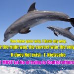 No Way | You have your way. I have my way. as for the right way, the correct way, the only way? It does Not exist - F. Nietzsche; I  MUST Let Go of trying to Control others | image tagged in dolphins,control,nietzsche,let go | made w/ Imgflip meme maker