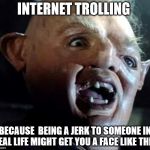 trolls  | INTERNET TROLLING; BECAUSE  BEING A JERK TO SOMEONE IN REAL LIFE MIGHT GET YOU A FACE LIKE THIS | image tagged in troll | made w/ Imgflip meme maker