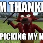 Foxy | I AM THANKFUL; FOR PICKING MY NOSE. | image tagged in foxy | made w/ Imgflip meme maker