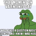 my valentines meme 2 (belated) | THAT MOMENT ON VALENTINES DAY; I WAS ASKED A QUESTION ABOUT FEELINGS AND I KNEW I WAS HOSED | image tagged in sad frog feelings | made w/ Imgflip meme maker