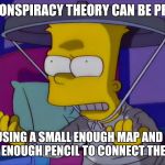 Look! A Pentagon! | ANY CONSPIRACY THEORY CAN BE PROVEN; USING A SMALL ENOUGH MAP AND A WIDE ENOUGH PENCIL TO CONNECT THE DOTS | image tagged in conspiracy bart | made w/ Imgflip meme maker