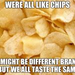 It's a metaphor against racism | WERE ALL LIKE CHIPS; WE MIGHT BE DIFFERENT BRANDS, BUT WE ALL TASTE THE SAME | image tagged in memes,chips,racism | made w/ Imgflip meme maker