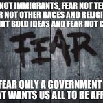 fear | FEAR NOT IMMIGRANTS, FEAR NOT TERROR, FEAR NOT OTHER RACES AND RELIGIONS, FEAR NOT BOLD IDEAS AND FEAR NOT CHANGE; FEAR ONLY A GOVERNMENT   THAT WANTS US ALL TO BE AFRAID | image tagged in fear | made w/ Imgflip meme maker