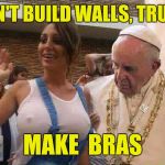 Pope Calls Out Trump | DON'T BUILD WALLS, TRUMP; MAKE  BRAS | image tagged in pope francis big tits,donald trump | made w/ Imgflip meme maker