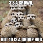Animals Hugging | 3'S A CROWD, BUT 10 IS A GROUP HUG | image tagged in animals hugging | made w/ Imgflip meme maker