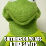 Kermit face | SNITCHES ON YO ASS N THEN SAY ITS NONE OF HIS BUSINESS | image tagged in kermit face | made w/ Imgflip meme maker
