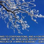Moments in Winter | "THANKS TO CORPORATIONS, AND A FOR-PROFIT GOVERNMENT, WE NOW HAVE WINTER MOMENTS, INSTEAD OF A WINTER SEASON."  - S.M.C. | image tagged in season,winter,corporations,government,climate change,global warming | made w/ Imgflip meme maker