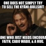 One Does Not Simply High-Rez | ONE DOES NOT SIMPLY TRY TO SELL THE KYÄNI-BULLSHIT; TO SOMEONE WHO JUST NEEDS ENCOURAGEMENT, FAITH, CABO WABO, & A HUG. | image tagged in one does not simply try to sell kyani high-rez | made w/ Imgflip meme maker