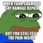 Sad Frog Sami | WHEN YOUR SHAMPOO SAY DAMAGE REPAIR; BUT YOU STILL FEEL THE PAIN INSIDE | image tagged in sad frog sami | made w/ Imgflip meme maker