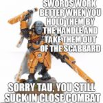 Tau | SWORDS WORK BETTER WHEN YOU HOLD THEM BY THE HANDLE AND TAKE THEM OUT OF THE SCABBARD; SORRY TAU, YOU STILL SUCK IN CLOSE COMBAT | image tagged in tau | made w/ Imgflip meme maker