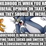 Tom and jerry | CHILDHOOD IS WHEN YOU HAVE A LIBERAL OPINION ON TAXES AND THINK THEY SHOULD BE INCREASED; ADULTHOOD IS WHEN YOU REALIZE PAYING TAXES SUCKS AND SWITCH TO HAVING A CONSERVATIVE OPINION ON THEM | image tagged in tom and jerry | made w/ Imgflip meme maker