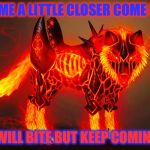 Bad mamga dog | COME A LITTLE CLOSER COME ON; I WILL BITE BUT KEEP COMING | image tagged in magma dog,dog,magma,hurt,i will bite | made w/ Imgflip meme maker
