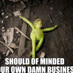 kermit dead | SHOULD OF MINDED YOUR OWN DAMN BUSINESS | image tagged in kermit dead | made w/ Imgflip meme maker