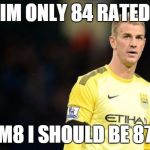 Joe hart  | IM ONLY 84 RATED; M8 I SHOULD BE 87 | image tagged in joe hart | made w/ Imgflip meme maker