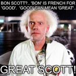Oh My God, they found us!
RUN FOR IT, ANGUS! | BON SCOTT?.. 'BON' IS FRENCH FOR 'GOOD'.  'GOOD' CAN MEAN 'GREAT'.. GREAT SCOTT! | image tagged in doc brown | made w/ Imgflip meme maker