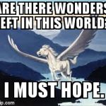 pegasus | ARE THERE WONDERS LEFT IN THIS WORLD? I MUST HOPE. | image tagged in pegasus | made w/ Imgflip meme maker