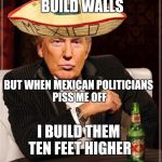 10 feet higher | I DON'T ALWAYS BUILD WALLS; BUT WHEN MEXICAN POLITICIANS PISS ME OFF; I BUILD THEM TEN FEET HIGHER | image tagged in trump interesting sombrero,border,wall,donald trump | made w/ Imgflip meme maker