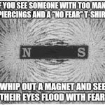 Magnet | IF YOU SEE SOMEONE WITH TOO MANY PIERCINGS AND A "NO FEAR" T-SHIRT; WHIP OUT A MAGNET AND SEE THEIR EYES FLOOD WITH FEAR! | image tagged in magnet | made w/ Imgflip meme maker