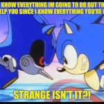 Sonic- Strange isn't it? | YOU MAY KNOW EVERYTHING IM GOING TO DO BUT THAT'S NOT GOING TO HELP YOU SINCE I KNOW EVERYTHING YOU'RE GOING TO DO; STRANGE ISN'T IT?! | image tagged in sonic- strange isn't it | made w/ Imgflip meme maker