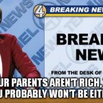 where's this entitlement coming from? | IF YOUR PARENTS AREN'T RICH,
THEN YOU PROBABLY WON'T BE EITHER | image tagged in ron burgandy | made w/ Imgflip meme maker