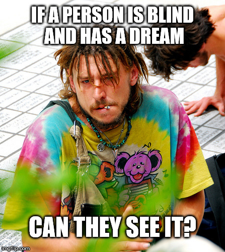 Inner Dialogue by Stoner PhD  |  IF A PERSON IS BLIND AND HAS A DREAM; CAN THEY SEE IT? | image tagged in memes,stoner phd,dreams,stupid,deep thoughts | made w/ Imgflip meme maker