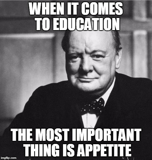 Churchill | WHEN IT COMES TO EDUCATION; THE MOST IMPORTANT THING IS APPETITE | image tagged in churchill | made w/ Imgflip meme maker