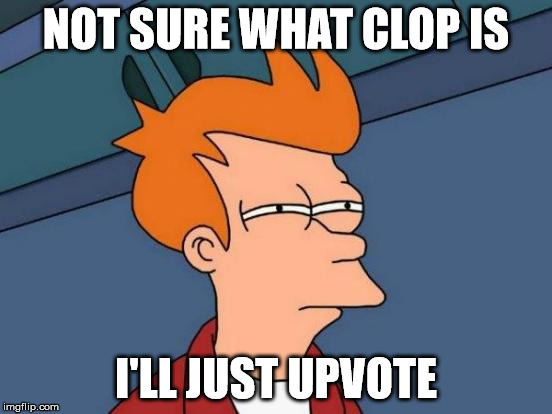 Futurama Fry Meme | NOT SURE WHAT CLOP IS I'LL JUST UPVOTE | image tagged in memes,futurama fry | made w/ Imgflip meme maker