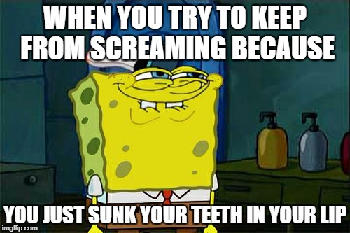 Don't You Squidward Meme | WHEN YOU TRY TO KEEP FROM SCREAMING BECAUSE; YOU JUST SUNK YOUR TEETH IN YOUR LIP | image tagged in memes,dont you squidward | made w/ Imgflip meme maker