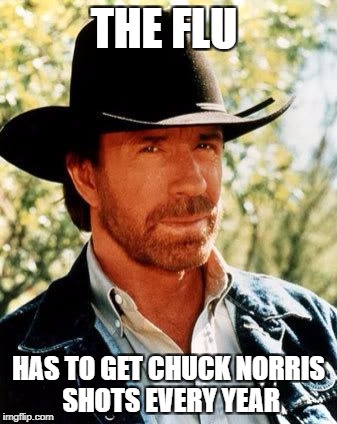 Chuck Norris | THE FLU; HAS TO GET CHUCK NORRIS SHOTS EVERY YEAR | image tagged in memes,chuck norris | made w/ Imgflip meme maker