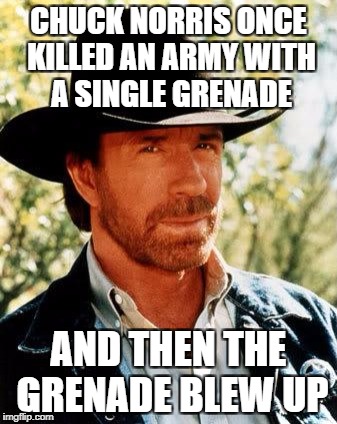 Chuck Norris | CHUCK NORRIS ONCE KILLED AN ARMY WITH A SINGLE GRENADE; AND THEN THE GRENADE BLEW UP | image tagged in memes,chuck norris | made w/ Imgflip meme maker