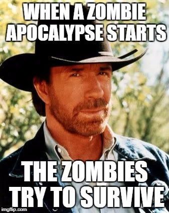 Chuck Norris Meme | WHEN A ZOMBIE APOCALYPSE STARTS; THE ZOMBIES TRY TO SURVIVE | image tagged in memes,chuck norris | made w/ Imgflip meme maker