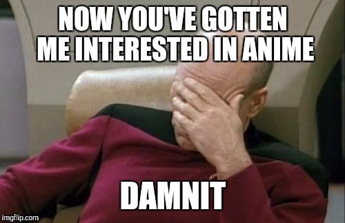 Captain Picard Facepalm Meme | NOW YOU'VE GOTTEN ME INTERESTED IN ANIME DAMNIT | image tagged in memes,captain picard facepalm | made w/ Imgflip meme maker