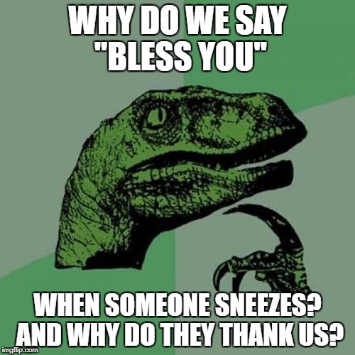 Philosoraptor Meme | WHY DO WE SAY "BLESS YOU"; WHEN SOMEONE SNEEZES? AND WHY DO THEY THANK US? | image tagged in memes,philosoraptor | made w/ Imgflip meme maker