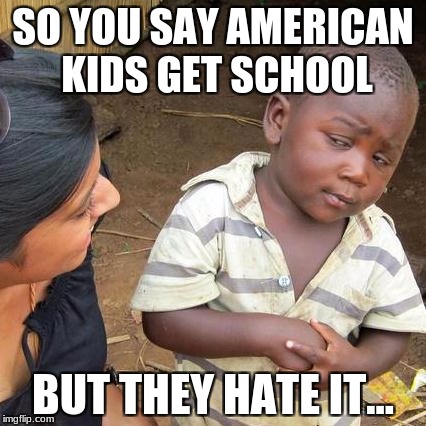 Third World Skeptical Kid | SO YOU SAY AMERICAN KIDS GET SCHOOL; BUT THEY HATE IT... | image tagged in memes,third world skeptical kid | made w/ Imgflip meme maker