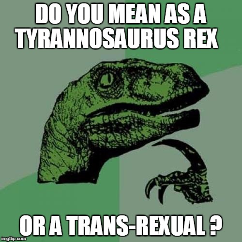 Philosoraptor Meme | DO YOU MEAN AS A TYRANNOSAURUS REX OR A TRANS-REXUAL ? | image tagged in memes,philosoraptor | made w/ Imgflip meme maker