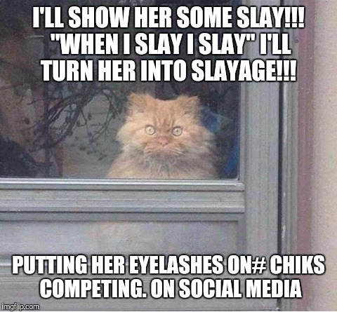 Slaying | I'LL SHOW HER SOME SLAY!!! "WHEN I SLAY I SLAY" I'LL TURN HER INTO SLAYAGE!!! PUTTING HER EYELASHES ON# CHIKS COMPETING. ON SOCIAL MEDIA | image tagged in slayer | made w/ Imgflip meme maker