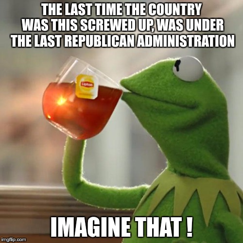 But That's None Of My Business Meme | THE LAST TIME THE COUNTRY WAS THIS SCREWED UP, WAS UNDER THE LAST REPUBLICAN ADMINISTRATION; IMAGINE THAT ! | image tagged in memes,but thats none of my business,kermit the frog | made w/ Imgflip meme maker