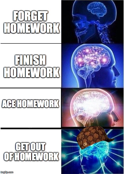 Expanding Brain | FORGET HOMEWORK; FINISH HOMEWORK; ACE HOMEWORK; GET OUT OF HOMEWORK | image tagged in memes,expanding brain,scumbag | made w/ Imgflip meme maker