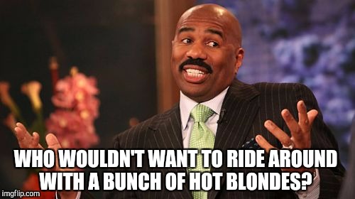 Steve Harvey Meme | WHO WOULDN'T WANT TO RIDE AROUND WITH A BUNCH OF HOT BLONDES? | image tagged in memes,steve harvey | made w/ Imgflip meme maker