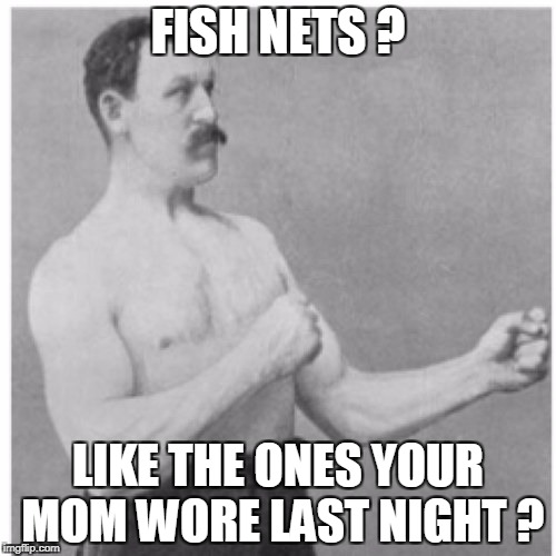 Overly Manly Man Meme | FISH NETS ? LIKE THE ONES YOUR MOM WORE LAST NIGHT ? | image tagged in memes,overly manly man | made w/ Imgflip meme maker