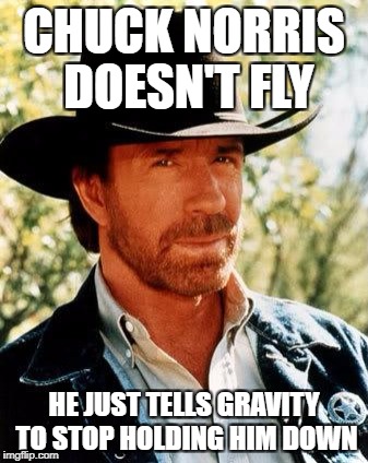 Chuck Norris | CHUCK NORRIS DOESN'T FLY; HE JUST TELLS GRAVITY TO STOP HOLDING HIM DOWN | image tagged in memes,chuck norris | made w/ Imgflip meme maker