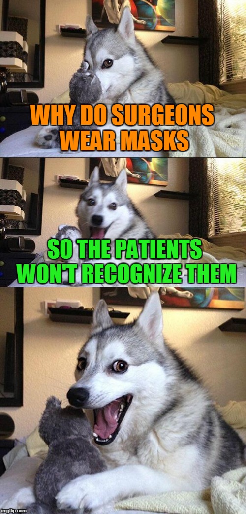 Bad Pun Dog Meme | WHY DO SURGEONS WEAR MASKS SO THE PATIENTS WON'T RECOGNIZE THEM | image tagged in memes,bad pun dog | made w/ Imgflip meme maker