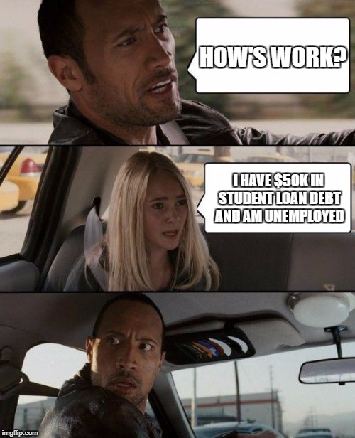 Debt | HOW'S WORK? I HAVE $50K IN STUDENT LOAN DEBT AND AM UNEMPLOYED | image tagged in memes,the rock driving,student loans,goofy stupid liberal college student,debt,slavery | made w/ Imgflip meme maker